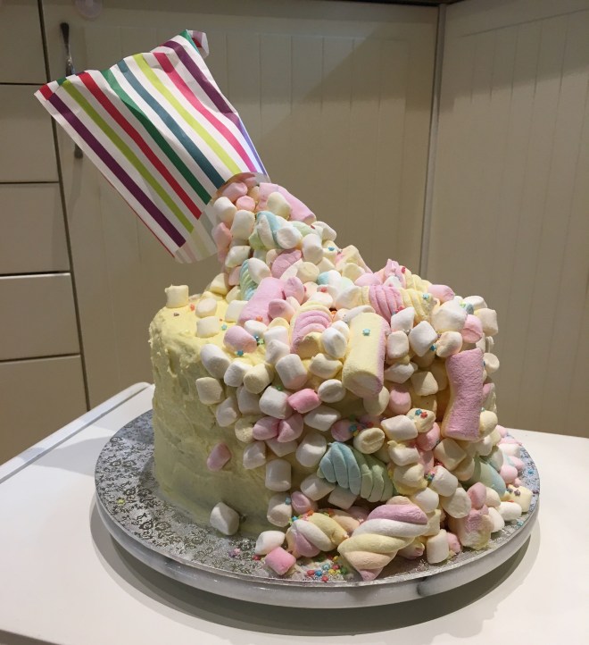 Photo of a gravity defying marshmallow cake