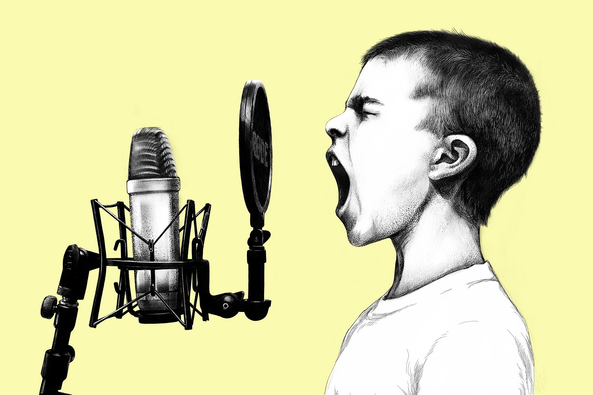 Pencil line illustration of a young boy shouting into a microphone.