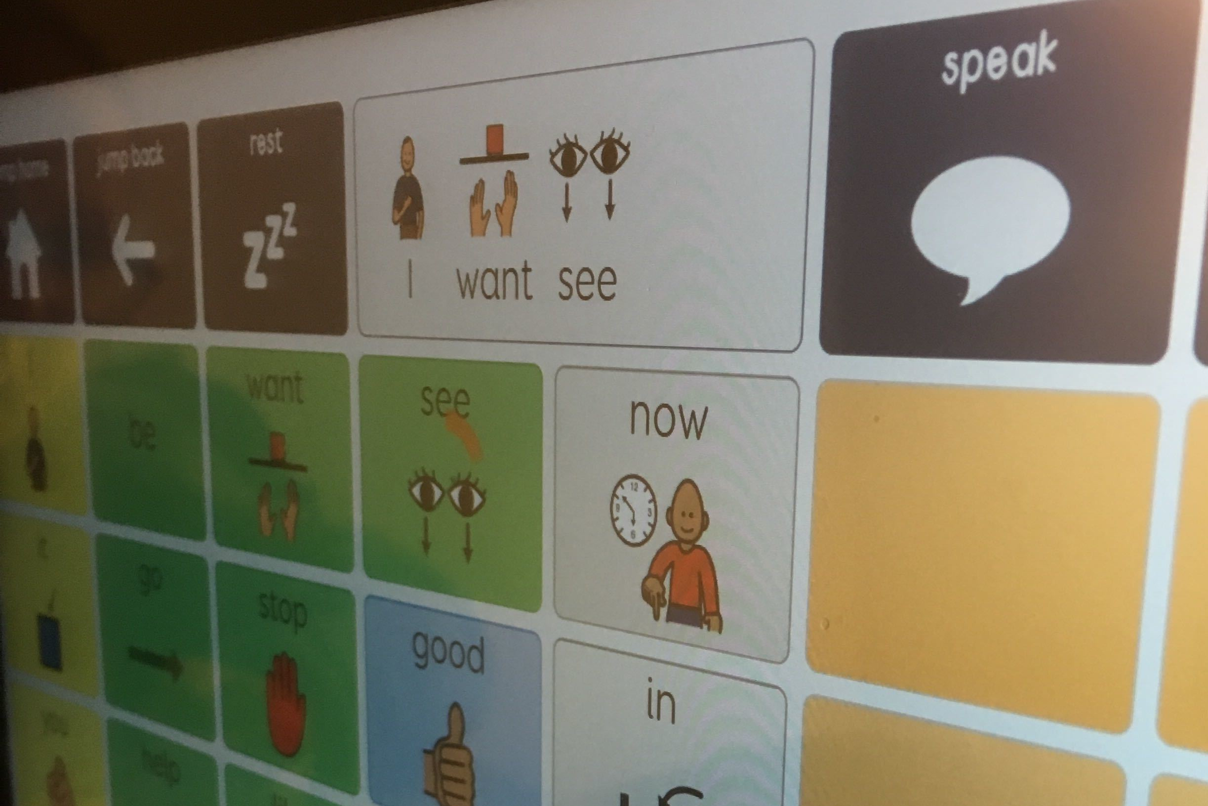 Close up photo of the screen of Quinns' eye gaze computer showing the word and images for I want see in the speech box.