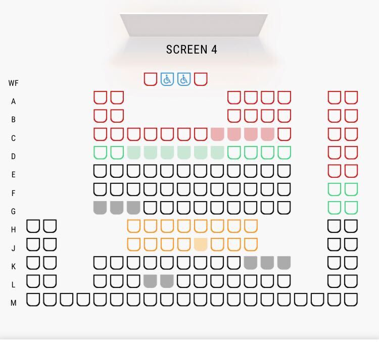 Cinema screen layout diagram showing 2 blue wheelchair spaces with one carer seat each right at the front of the cinema separate from all the other seats.