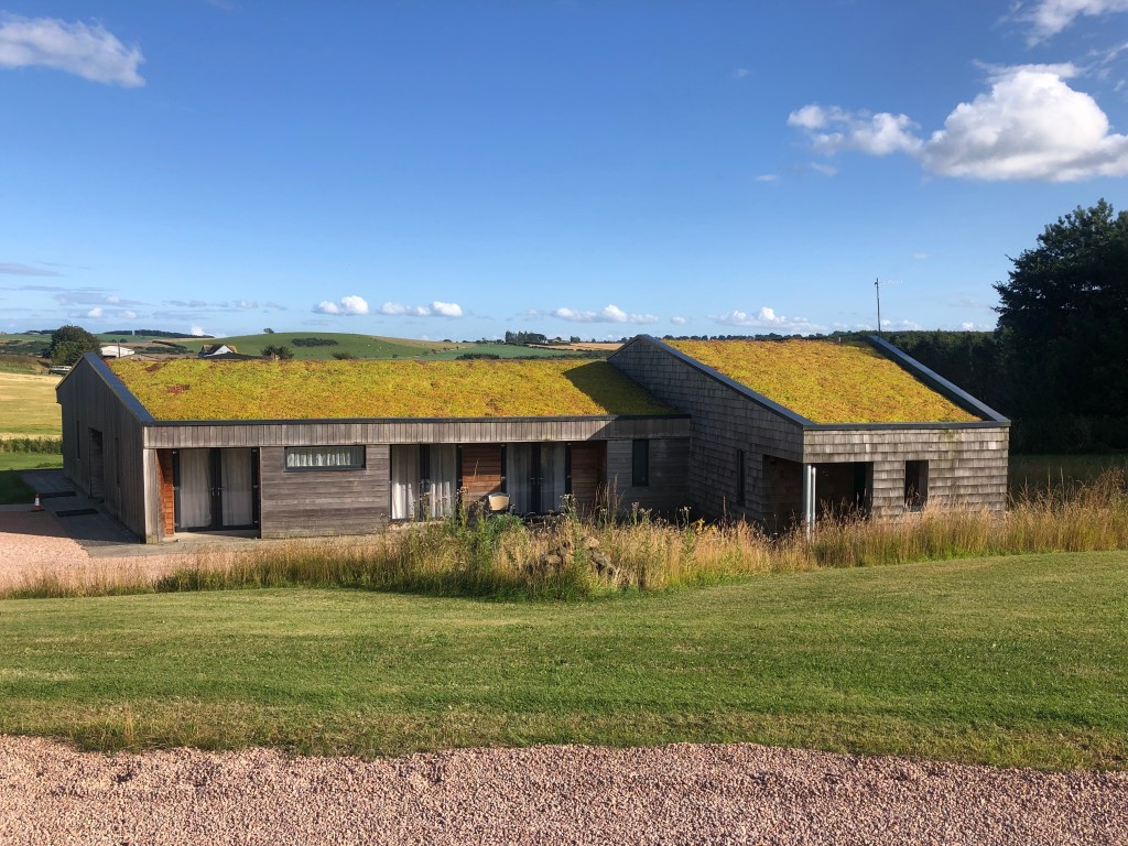 A view of The Rings holiday cottage from the road with it's living roof shining in the sun.