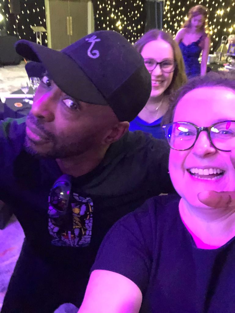 Selfie of me with a MC from N-Trance with Big Sister photo bombing and Rachel Rhienne in the background