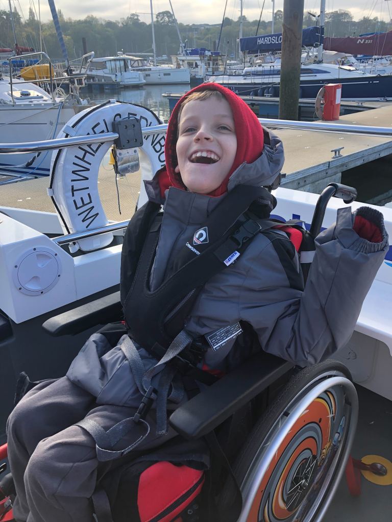 Quinns in position at the back of the Wet Wheels boat ready to whizz around the Firth of Forth.
